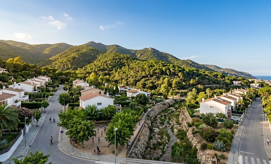 Vista del entorno residencial de Valldenguli y la costa de Calella en el Maresme
